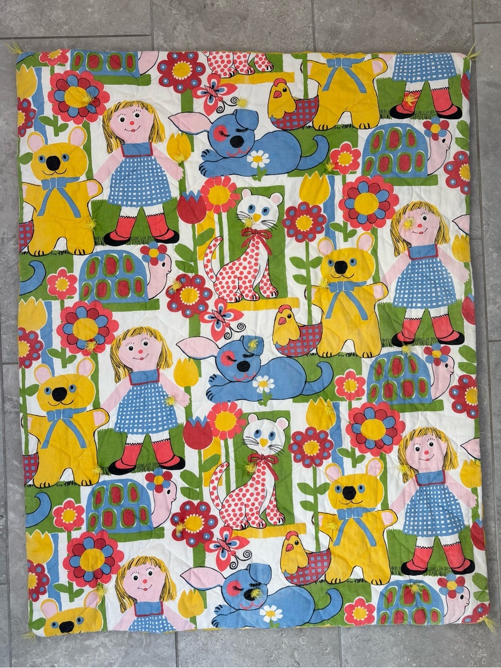 Vintage ‘70s Storybook Nursery Blanket Retro Ragdoll Yellow Kitsch Crib Quilt